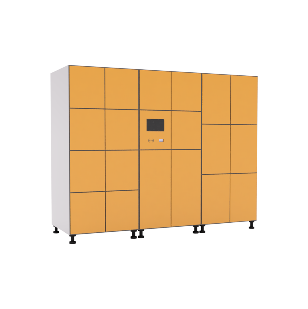 Casiers connectés industriels jaunes avec écran tactile, conçus pour l'Industrie 4.0. Sécurité renforcée et résistance aux conditions extrêmes.